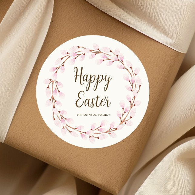 Adesivo Redondo Felz pascoa Pussy Selvagem, Rosa-Rosa, (Cute Pink Pussy Willow Happy Easter Classic Round Sticker)