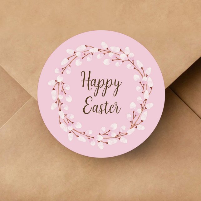 Adesivo Redondo Felz pascoa Pussy Selvagem, Rosa-Rosa, (Cute Pink Pussy Willow Happy Easter Classic Round Sticker)