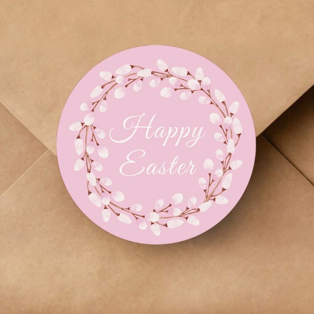 Adesivo Redondo Felz pascoa Pussy Selvagem, Rosa-Rosa, (Cute Pink Pussy Willow Happy Easter Classic Round Sticker)