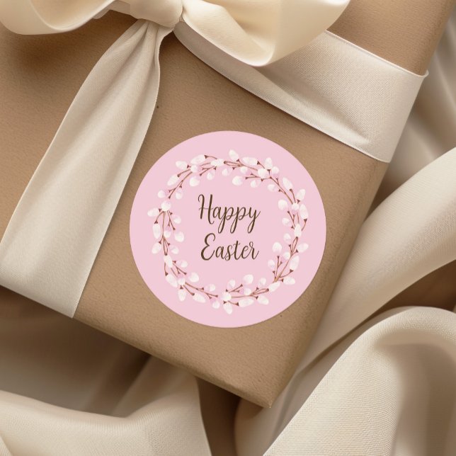 Adesivo Redondo Felz pascoa Pussy Selvagem, Rosa-Rosa, (Cute Pink Pussy Willow Happy Easter Classic Round Sticker)