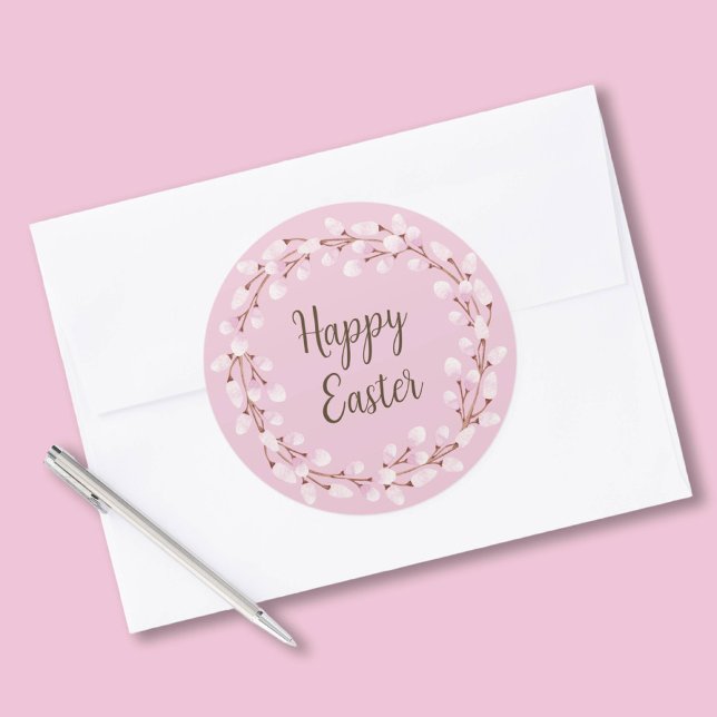 Adesivo Redondo Felz pascoa Pussy Selvagem, Rosa-Rosa, (Cute Pink Pussy Willow Happy Easter Classic Round Sticker)