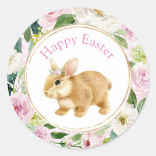 Adesivo Redondo Felz pascoa Rosa Floral e Dourado Bunny