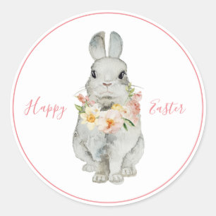 Adesivo Redondo felz pascoa Watercolor Bunny Rabbit Floral Moderno