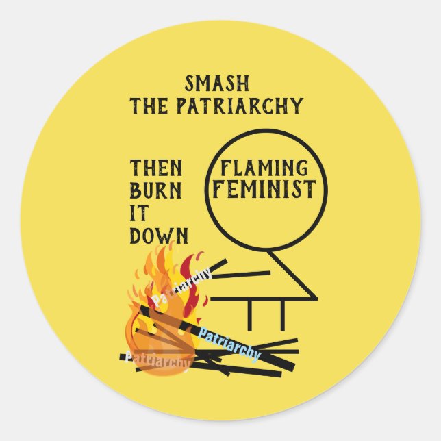 Adesivo Redondo Feminista Flamejante Esmaga o Patriarcado (Frente)