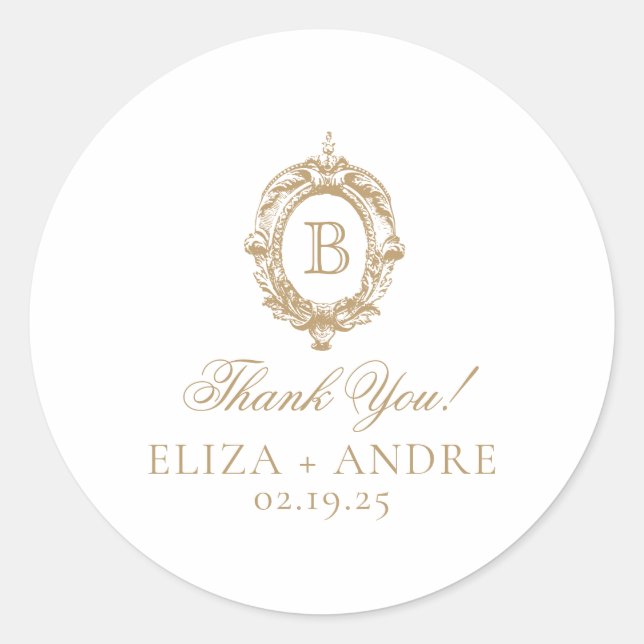 Adesivo Redondo Fenda de Monograma Dourado Antiquado (Frente)