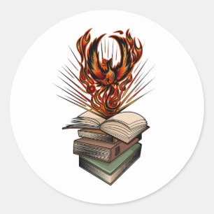 Adesivo Redondo Fênix Ressurgindo das Chamas dos Livros Fantasia