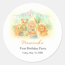 Adesivo Redondo Fera Festa de Aniversário Safari Menino 1º Anivers