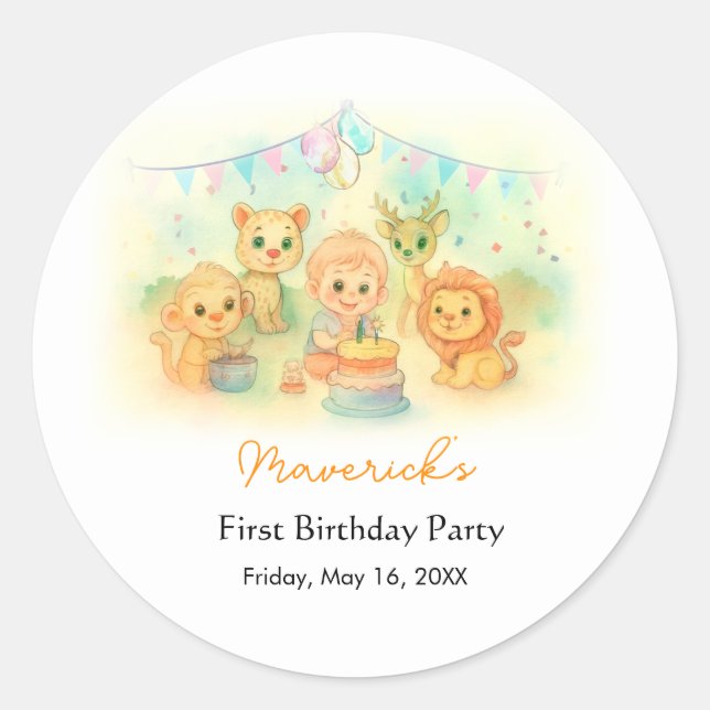Adesivo Redondo Fera Festa de Aniversário Safari Menino 1º Anivers (Frente)