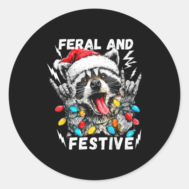 Adesivo Redondo Feral And Festive Funny Christmas Rocker Raccoon S (Frente)