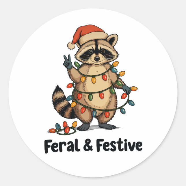Adesivo Redondo Feral And Festive Raccoon Christmas Xmas Lights (Frente)