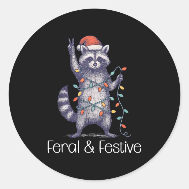 Adesivo Redondo Feral And Festive Raccoon, Funny Christmas  (Frente)