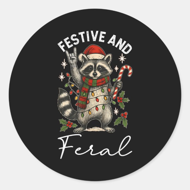 Adesivo Redondo Feral And Festive Raccoon Santa Hat Christmas Ligh (Frente)