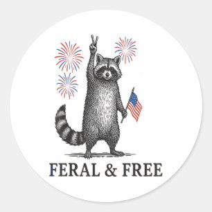 Adesivo Redondo Feral And Free Raccoon, Funny Raccoon 4 De Julho