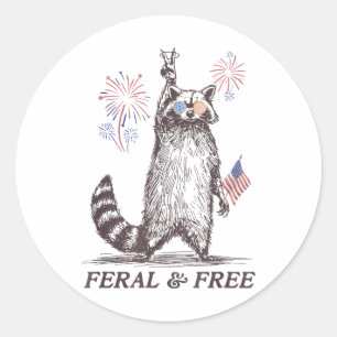 Adesivo Redondo Feral And Free Raccoon, Funny Raccoon 4 De Julho