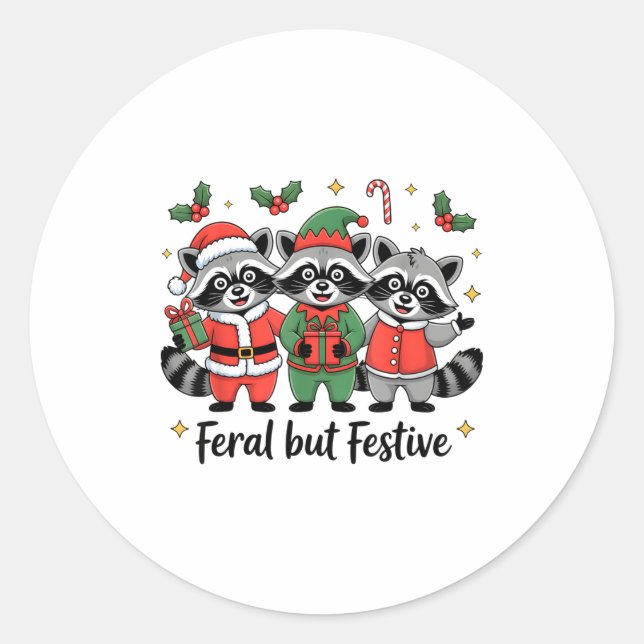 Adesivo Redondo Feral But Festive Funny Christmas Cute Raccoon Elf (Frente)
