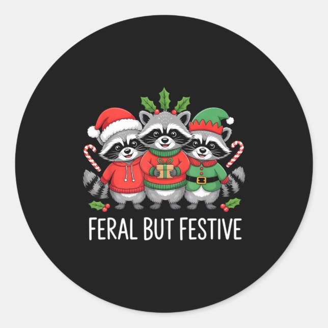Adesivo Redondo Feral But Festive Funny Raccoon Christmas Holiday  (Frente)