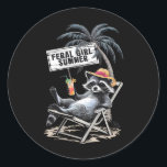 Adesivo Redondo Feral Girl Summer Beach Funny Raccoon<br><div class="desc">Feral Girl Summer Beach Funny Raccoon</div>
