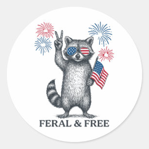 Adesivo Redondo Feral Mas Livre Raccoon Engraçado Patriótico 4 De
