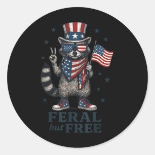 Adesivo Redondo Feral Mas Livre Racoons Engraçados Bandeira Dos EU