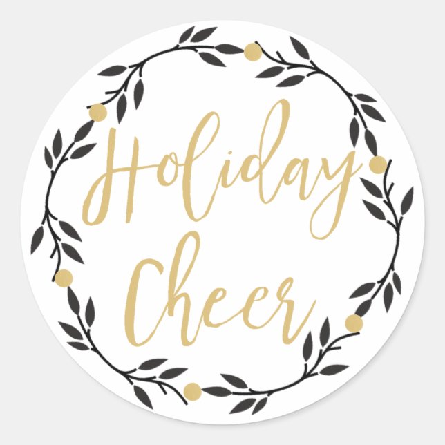 Adesivo Redondo Feriado Cheer Black Wreath com Berries Dourados, (Frente)