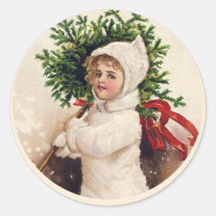 Adesivo Redondo Feriado da Vintage French Christmas Tree Girl