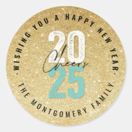 Adesivo Redondo Feriado de Ano Novo Cheers Aqua 2025 Dourado Glitt