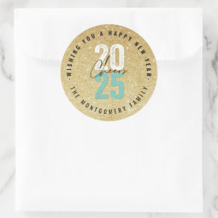Adesivo Redondo Feriado de Ano Novo Cheers Aqua 2025 Dourado Glitt