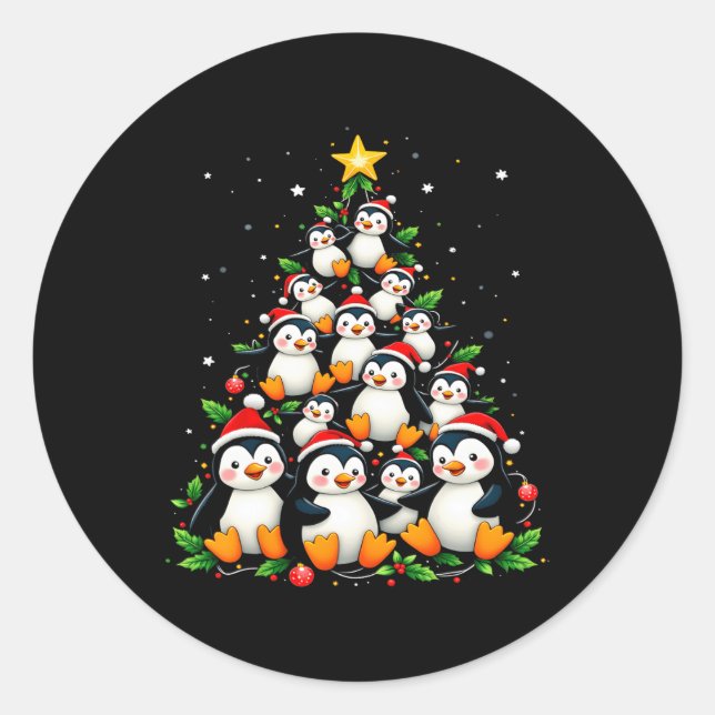 Adesivo Redondo Feriado de Árvore Pinguim de Natal (Frente)