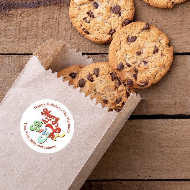 Adesivo Redondo Feriado de feliz e Brilho Personalizado (Merry and Bright custom personalized gift stickers. )