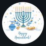 Adesivo Redondo Feriado de Hanukkah com Aquarela<br><div class="desc">Uma cena de Chanucá com menorah,  sufganiyot (donuts),  sonhos e ramos de oliveira é renderizada em um efeito de aquarela neste adesivo Chanukah. Use como obrigado seus adesivos,  presentes em Chanukah,  ou em favores de férias. Disponível com produtos correspondentes.</div>
