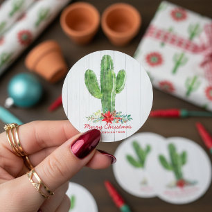 Adesivo Redondo Feriado de Madeira Branca de Cactus de Natal Russo