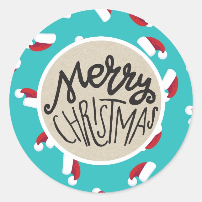 Adesivo Redondo Feriado de Natal Azul Santa Hats, Favor Whimsical (Frente)