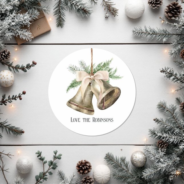 Adesivo Redondo Feriado de Natal com Aquarela Neutral (Neutral Watercolor Christmas Bells Holiday Classic Round Sticker)