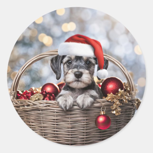 Adesivo Redondo Feriado de Natal - Cute Schnauzer Puppy (Frente)