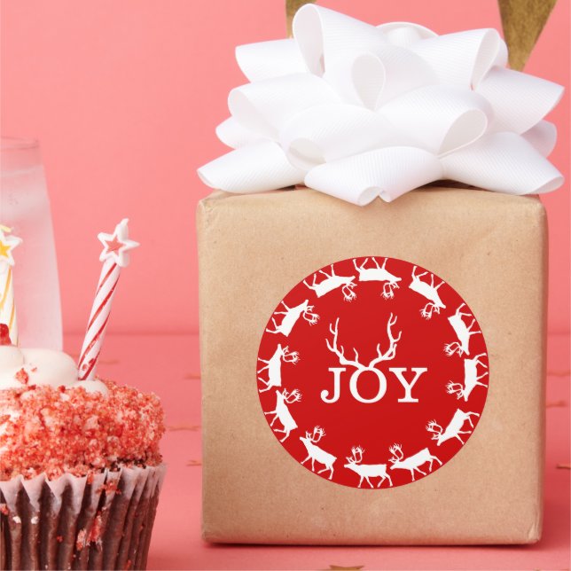 Adesivo Redondo Feriado de Natal de Deer Antler, Red and White Joy (Festa)