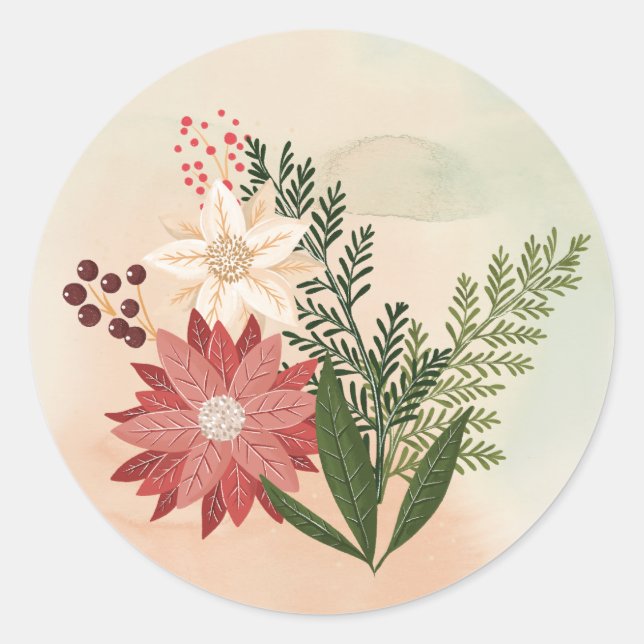 Adesivo Redondo Feriado de Natal de Poinsettia, com Aquarelas de O (Frente)
