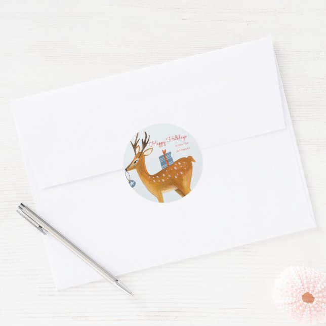 Adesivo Redondo Feriado de Natal em Woodland, Cute Reindeer (Envelope)
