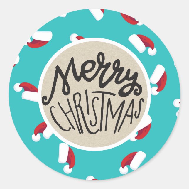 Adesivo Redondo Feriado de Natal Feliz Azul Santa Hats (Frente)