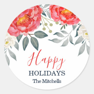 Adesivo Redondo Feriado de Natal Floral de Marfim Vermelho Chic