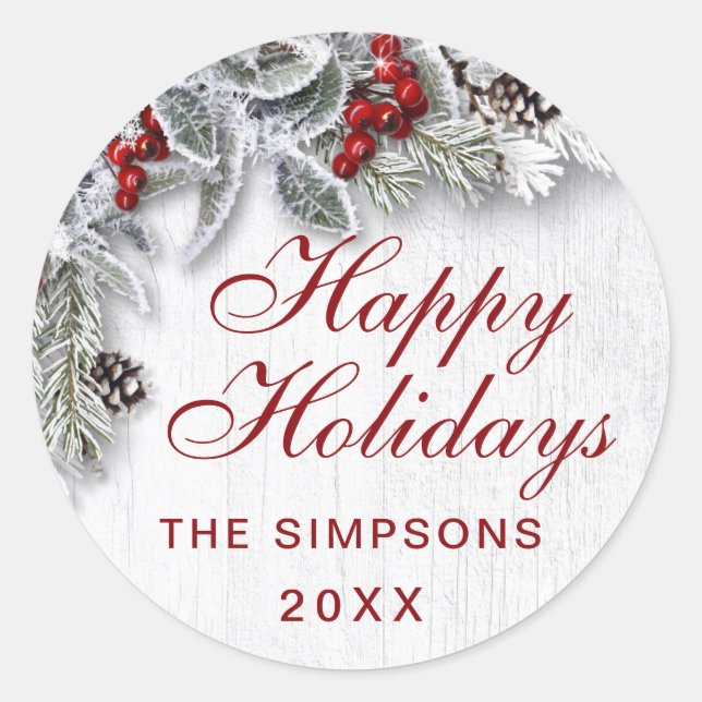 Adesivo Redondo Feriado de Natal Holly Pine Rustic Envelolpe (Frente)