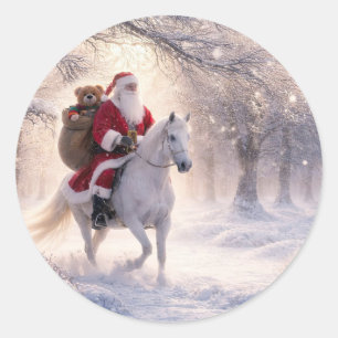 Adesivo Redondo Feriado de Natal Papai Noel e Cavalo