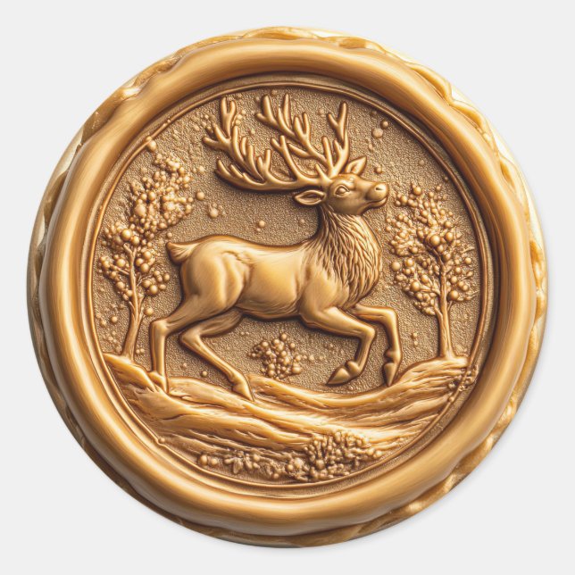 Adesivo Redondo Feriado de Natal para Reindeer Dourada Elegante (Frente)