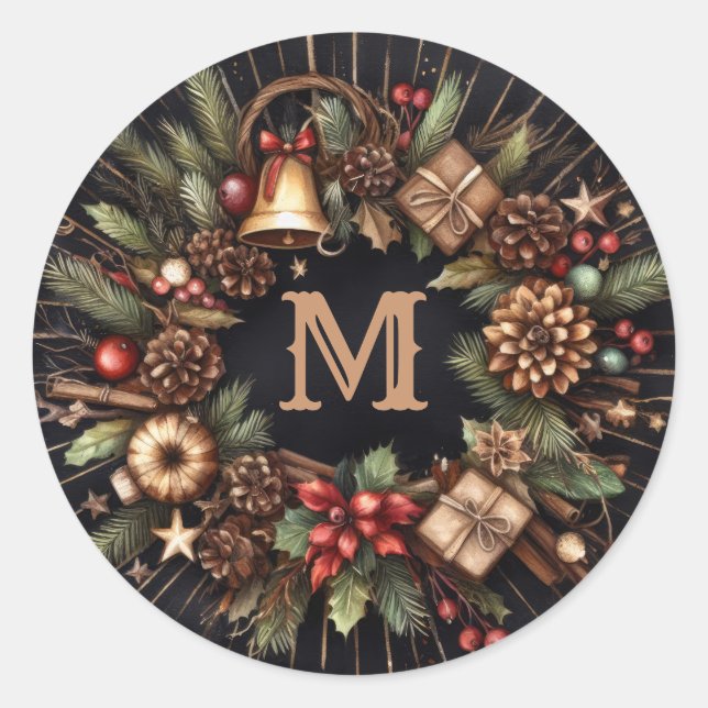 Adesivo Redondo Feriado de Natal Russo Preto com Aquarela (Frente)