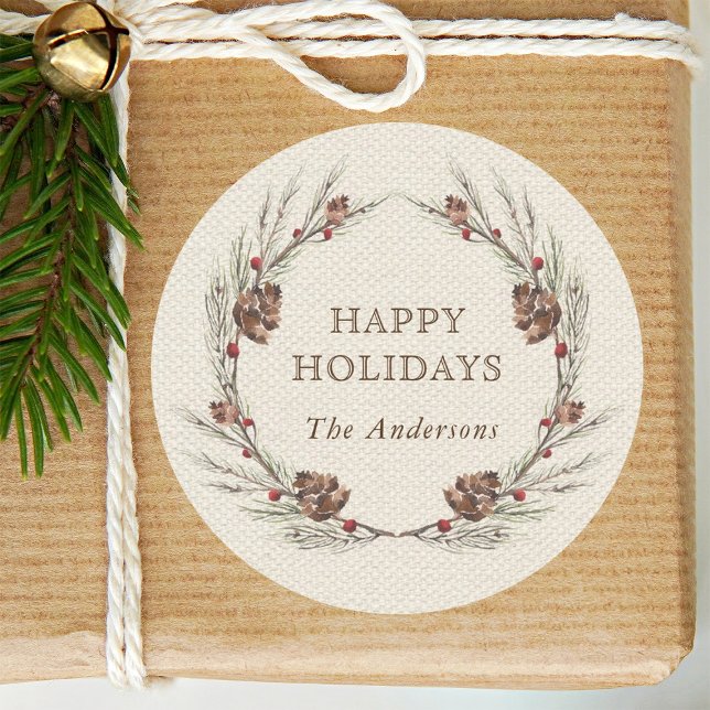 Adesivo Redondo Feriado de Natal Rustic Pinecone Wreath (Criador carregado)