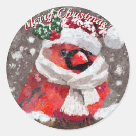 Adesivo Redondo Feriado de Neve de Pássaro Cardeal Scarf Hat