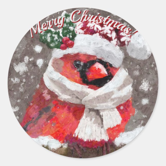 Adesivo Redondo Feriado de Neve de Pássaro Cardeal Scarf Hat (Frente)