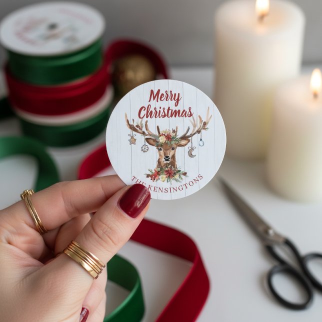 Adesivo Redondo Feriado de ornamentos de cervos de Natal russo e b (Cute Rustic Christmas Deer Ornaments Holiday Classic Round Stickers)