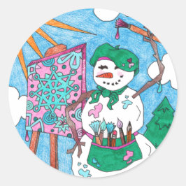 Adesivo Redondo Feriado do Artista Bonito Arte Snowman