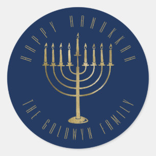 Adesivo Redondo Feriado Dourado azul feliz de Hanukkah 'Menorah