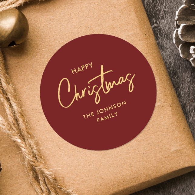 Adesivo Redondo Feriado Dourado de Natal Vermelho Moderno Elegante (Criador carregado)